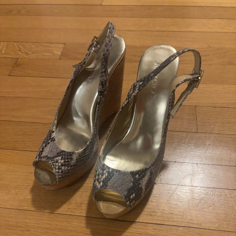 Jimmy Choo Snake Skin Peeptoe Wedge Heels